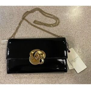 TED BAKER London Kira Rose Clutch Black Leather Shoulder Bag with Chain Stap NWT